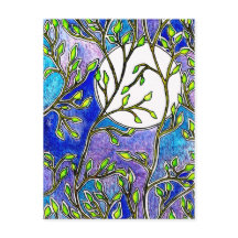 Leaves and Moon - Blue Watercolors