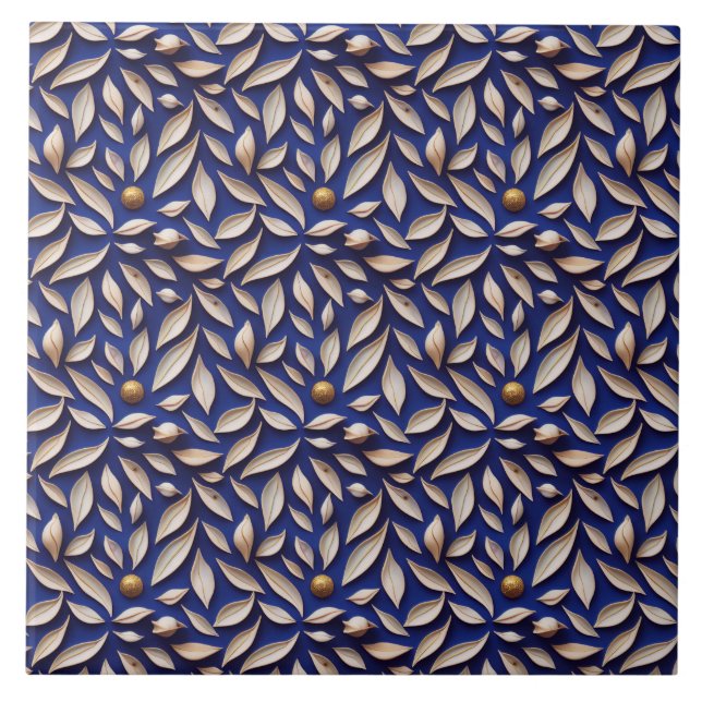 Leaves and navy blue pattern ceramic tile (Front)