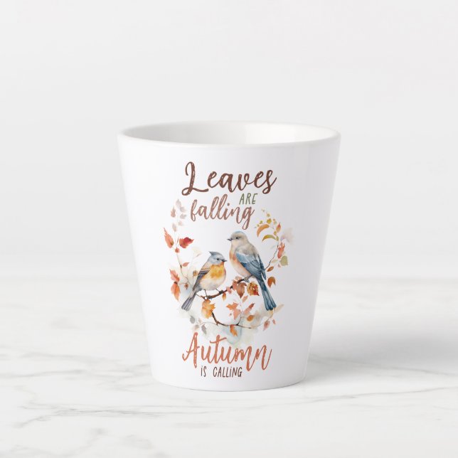 Leaves Are Falling –Whimsical Fall Birds & Foliage Latte Mug (Front)