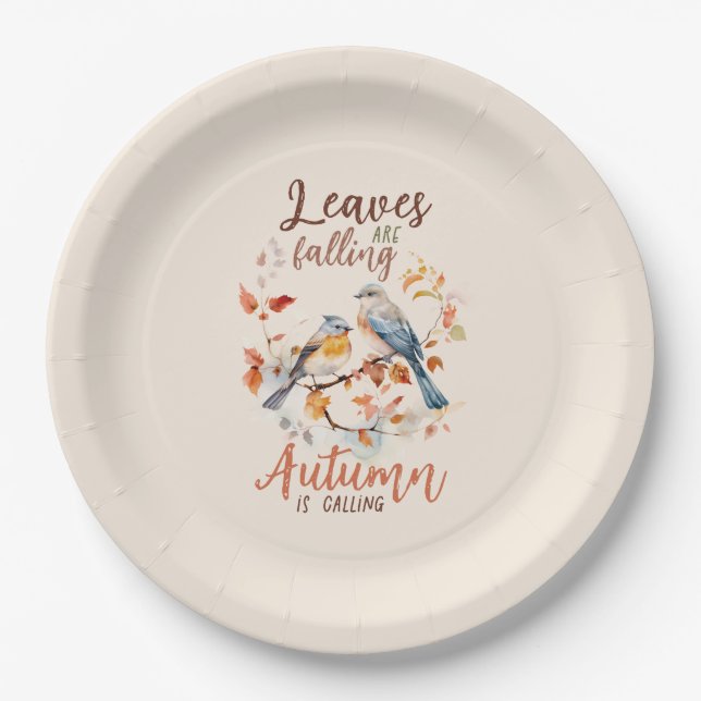 Leaves Are Falling –Whimsical Fall Birds & Foliage Paper Plate (Front)