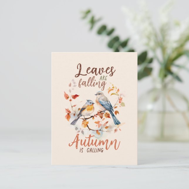 Leaves Are Falling –Whimsical Fall Birds & Foliage Postcard (Standing Front)