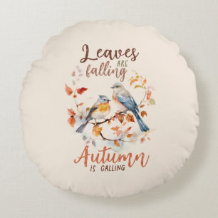 Leaves Are Falling –Whimsical Fall Birds & Foliage Round Cushion