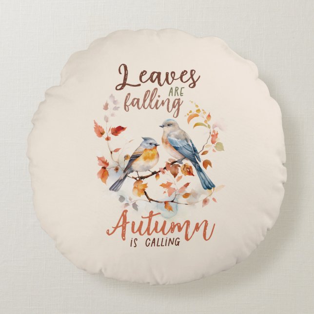 Leaves Are Falling –Whimsical Fall Birds & Foliage Round Cushion (Front)