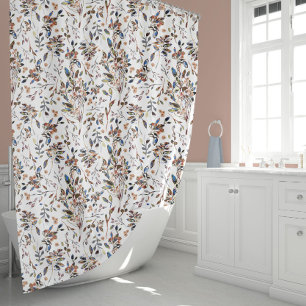 Leaves Berries White Elegant Watercolor Floral Shower Curtain