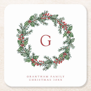 Leaves & Berries Wreath Monogram Family Christmas Square Paper Coaster