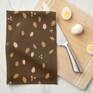 Leaves & Branches Dark Autumn Acorns Brown Backgro Tea Towel