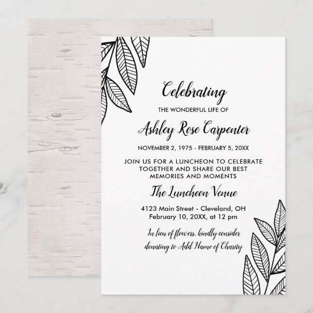 Leaves & Calligraphy Celebration of Life Memorial Invitation (Front/Back)