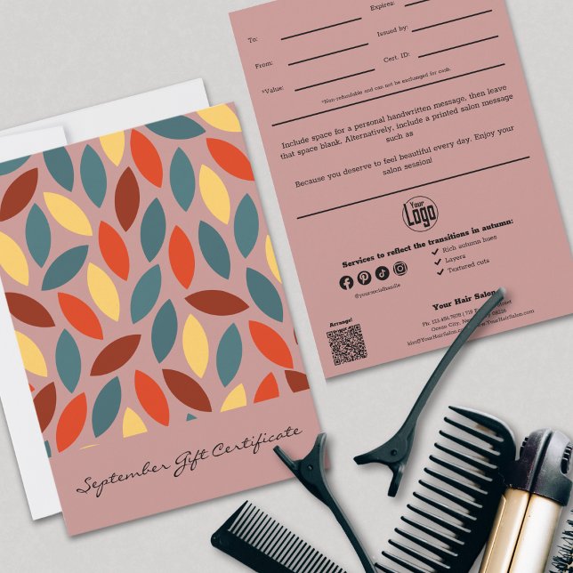 Leaves Colourful September Gift Certificate (Leaves Colorful September Gift Certificate, Professional QR Code, Logo, Social, Note)