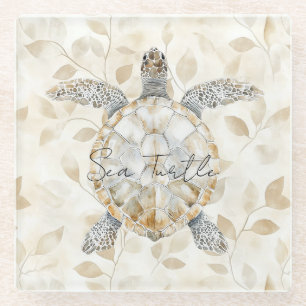 Leaves Cream Ocean Beach Sea Turtles Glass Coaster