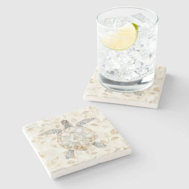 Leaves Cream Ocean Beach Sea Turtles Stone Coaster (Side)