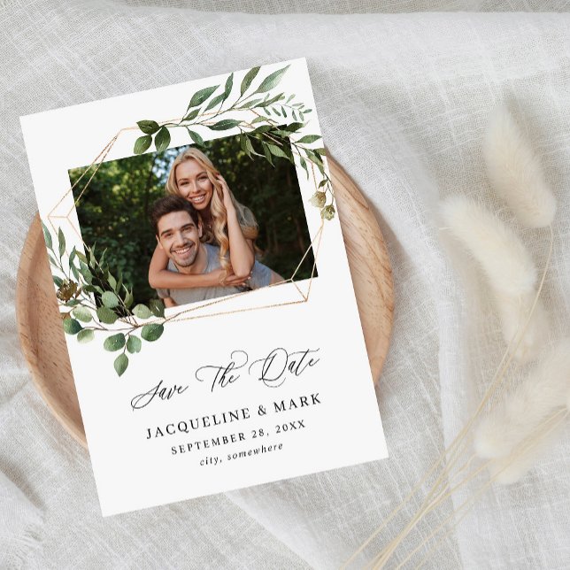 Leaves & Eucalyptus Gold H Photo Save the Date (Creator Uploaded)