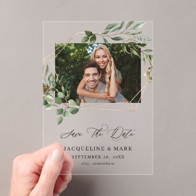 Leaves & Eucalyptus Gold H Photo Save the Date Acrylic Invitations (Insitu (Handheld))