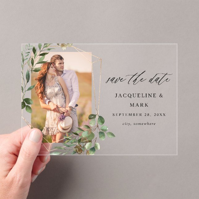 Leaves & Eucalyptus Gold V Photo Save the Date Acrylic Invitations (Insitu (Handheld))