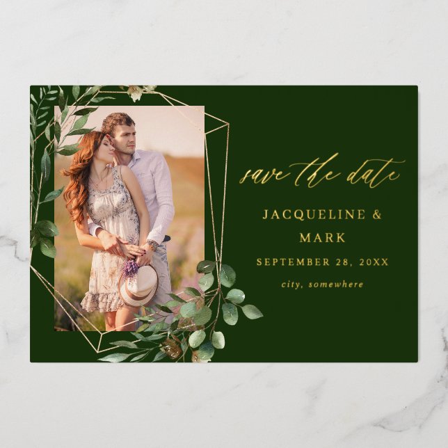 Leaves & Eucalyptus Gold V Photo Save the Date Gre (Front)
