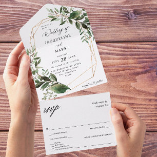 Leaves & Eucalyptus Gold Wedding All In One Invitation