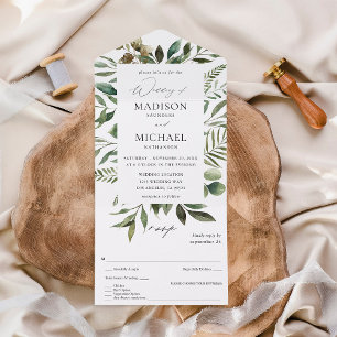 Leaves & Eucalyptus Rustic Wedding All In One Invitation