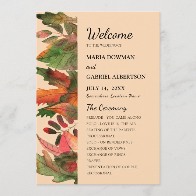 Leaves fall. Autumn stylish Botanical Wedding Program (Front)