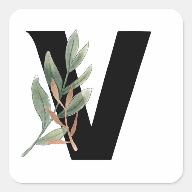 Leaves Faux Gold Foil Letter V Monogram Sticker (Front)