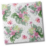Leaves Floral Tropical Pattern Ceramic Tile<br><div class="desc">A tropical design that embraces the tranquil beauty of nature mixed with a playful edge. A blend of calming green tropical leaves, including banana leaves, palms, monstera leaves, and pink princessa plants, alongside soothing purple-pink orchid flowers and protea bloom, intertwined with various other foliage. Adding an element of fun, a...</div>