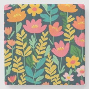 Leaves flowers colourful design stone coaster