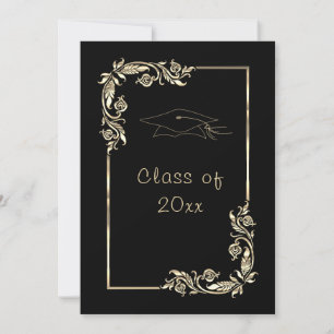 Leaves Framd Black Gold Grad Party Invitation