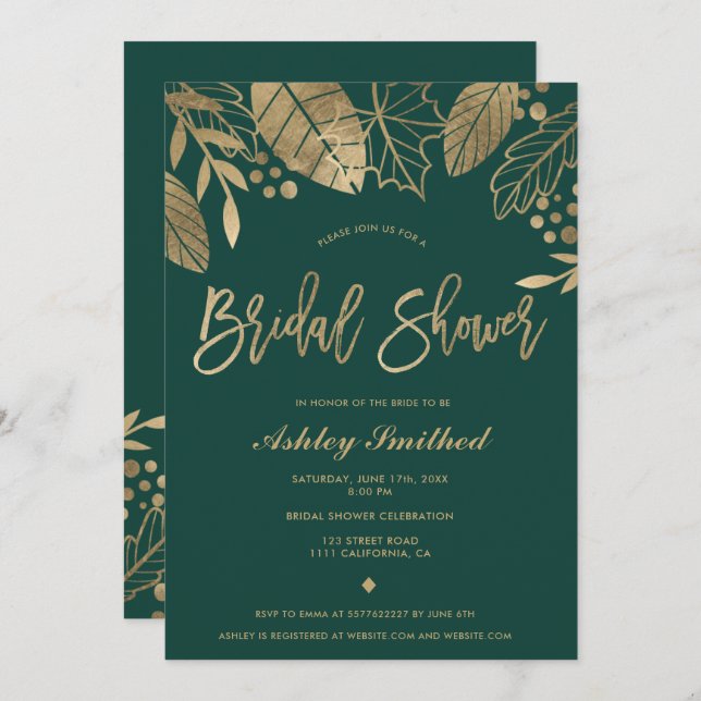 Leaves gold emerald green modern bridal shower invitation (Front/Back)