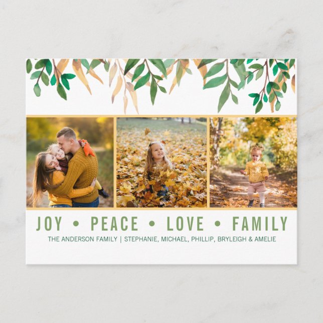 Leaves Green Joy Peace Love Family Photo Collage Holiday Postcard (Front)