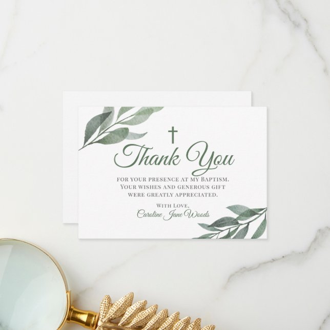 Leaves Greenery Baptism Thank You Card (Front/Back In Situ)