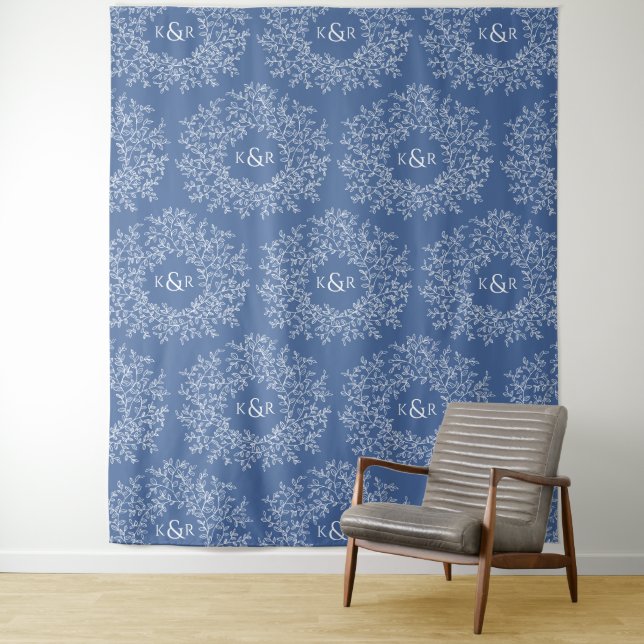 Leaves hand drawn monogram blue wedding backdrop tapestry (In Situ)