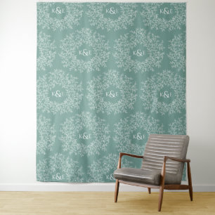 Leaves hand drawn monogram green wedding backdrop tapestry