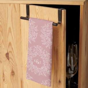Leaves hand drawn monogram pink wedding tea towel