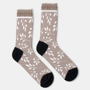 Leaves in White with Faux Lace, Brown Background Socks