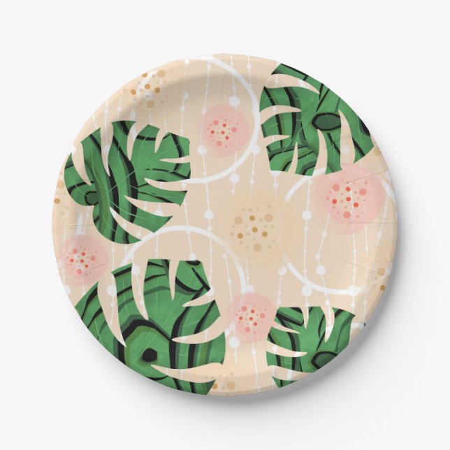 leaves ,monsters , pink, green, tropical, palm paper plate (Front)