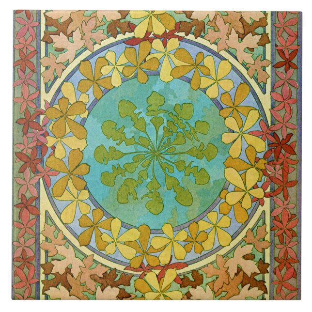 Leaves of Art Nouveau Style, Mucha Ceramic Tile (Front)