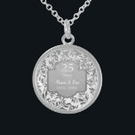 Leaves of Silver 25th Wedding Anniversary Sterling Silver Necklace<br><div class="desc">Lovely sterling silver 25th Wedding Anniversary necklace with elegant leaves of silver floral border on white background. Silver  grey banner with text says 25 Years.  Lower text area is ready  to be customised by you with names and year information.</div>