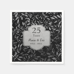 Leaves of Silver on Black 25th Wedding Anniversary Napkin