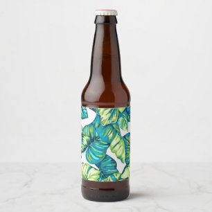 Leaves Of  Tropical Monstera and Banana Blue Green Beer Bottle Label