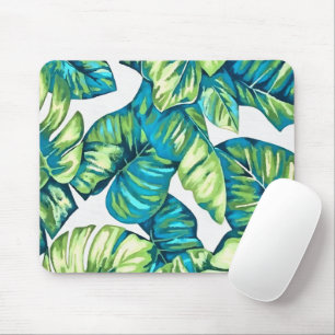 Leaves Of Tropical Monstera and Banana Blue Green Mouse Pad