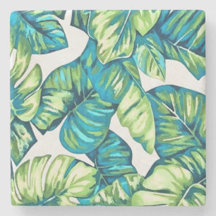 Leaves Of Tropical Monstera and Banana Blue Green Stone Coaster