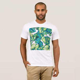 Leaves Of Tropical Monstera and Banana Blue Green T-Shirt