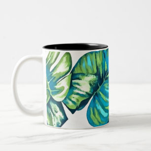 Leaves Of  Tropical Monstera and Banana Blue Green Two-Tone Coffee Mug