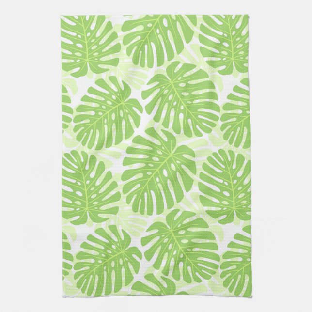 Leaves Of Tropical Plant - Monstera Pattern Tea Towel (Vertical)