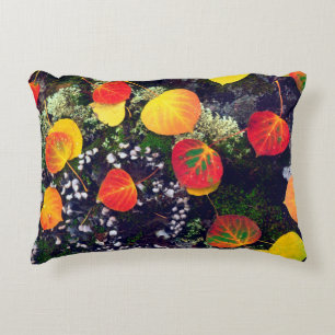Leaves on a lichen covered rock, Rocky Mountains Decorative Cushion