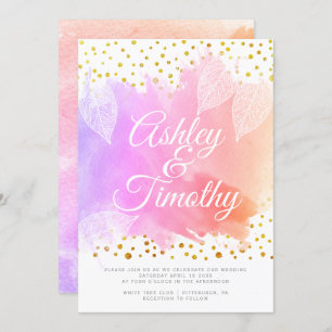 Leaves on pink watercolor calligraphy wedding invitation