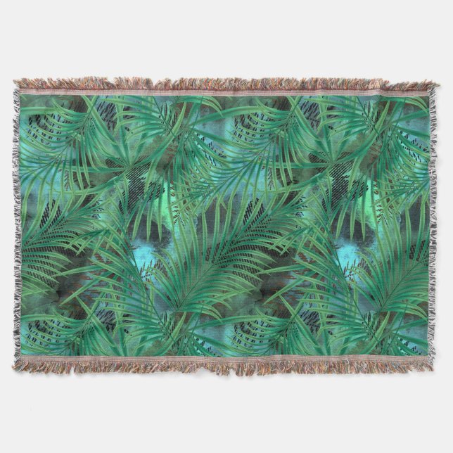 Leaves, palm ,trees, green, blue, tropical throw blanket (Front)