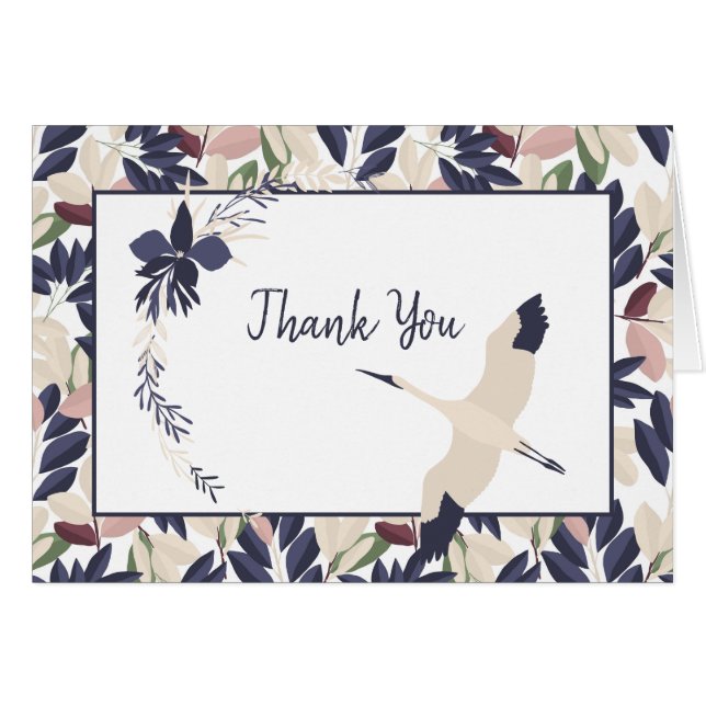 Leaves Pattern Border Heron Thank You Card (Front Horizontal)