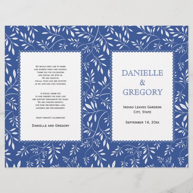 Leaves pattern, indigo blue folded wedding program (Front)