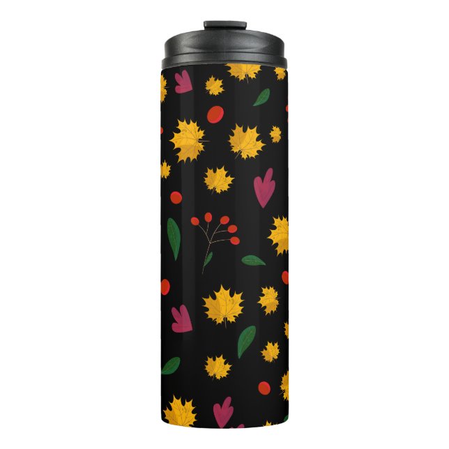 Leaves pattern on a black background thermal tumbler (Front)