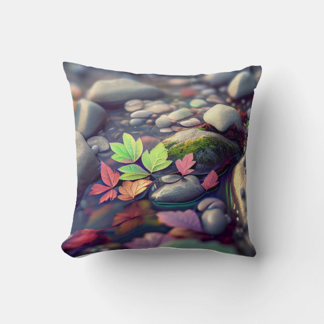 Leaves Pebbles Calm Tranquil Nature Peaceful River Cushion (Front)