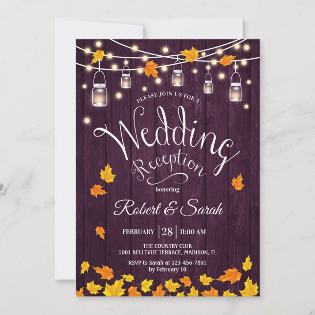 Leaves Purple Wood Fall Rustic Wedding Reception Invitation (Front)